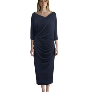 Laura Navy Blue Ruched Drape Midi Dress Asymmetrical Neckline 3/4 Sleeve Size 12